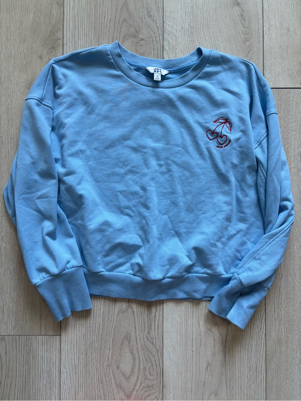 JoyLab Light Blue Crewneck Sweatshirt with Red Cherry Embroidery